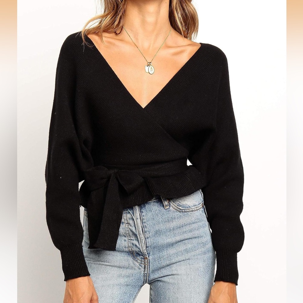 Chic Black V-Neck Sweater with Tie Detail